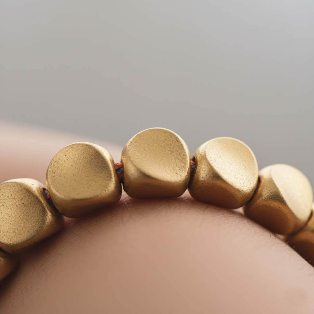 Close-up of hand-hammered gold plated copper beads showing irregular pebble shapes and polished finish