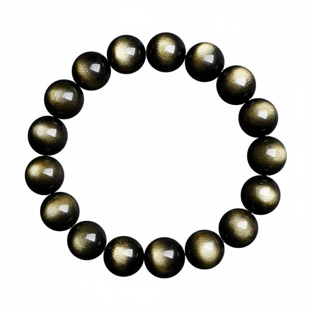 Gold sheen obsidian bracelet with natural golden shimmer on black beads white background - wealth protection crystal for men women