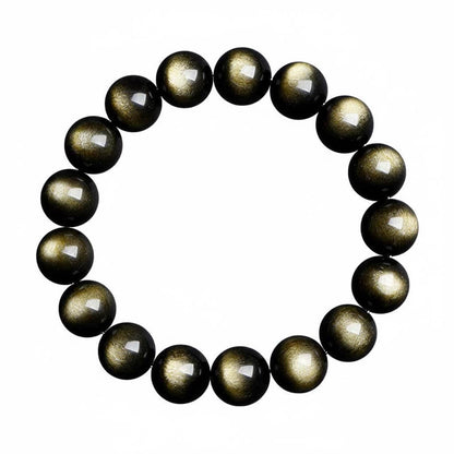 Gold sheen obsidian bracelet with natural golden shimmer on black beads white background - wealth protection crystal for men women