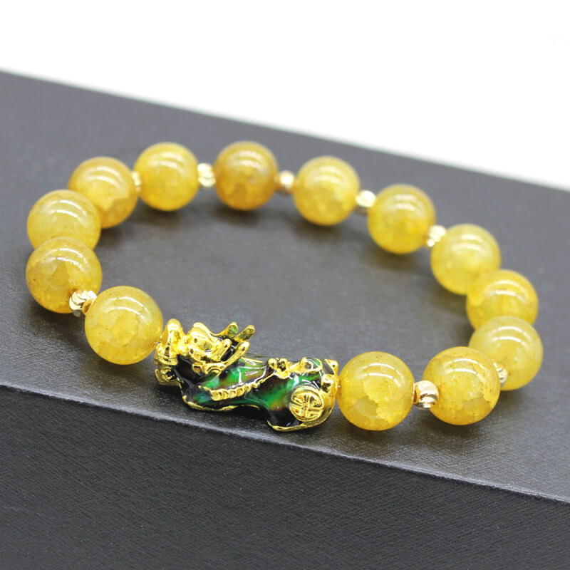 Golden yellow color-changing Pixiu bracelet with synthetic thermochromic beads and colorful enamel double-sided Pixiu charm featuring traditional Chinese design