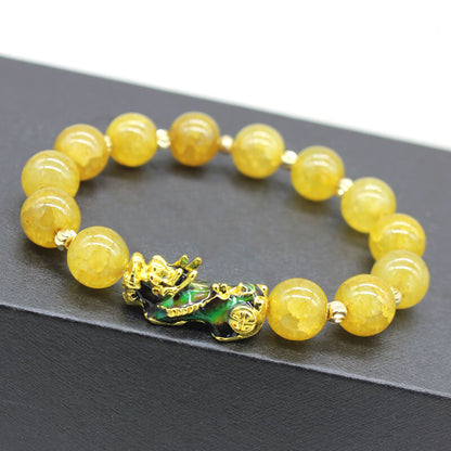 Golden yellow color-changing Pixiu bracelet with synthetic thermochromic beads and colorful enamel double-sided Pixiu charm featuring traditional Chinese design