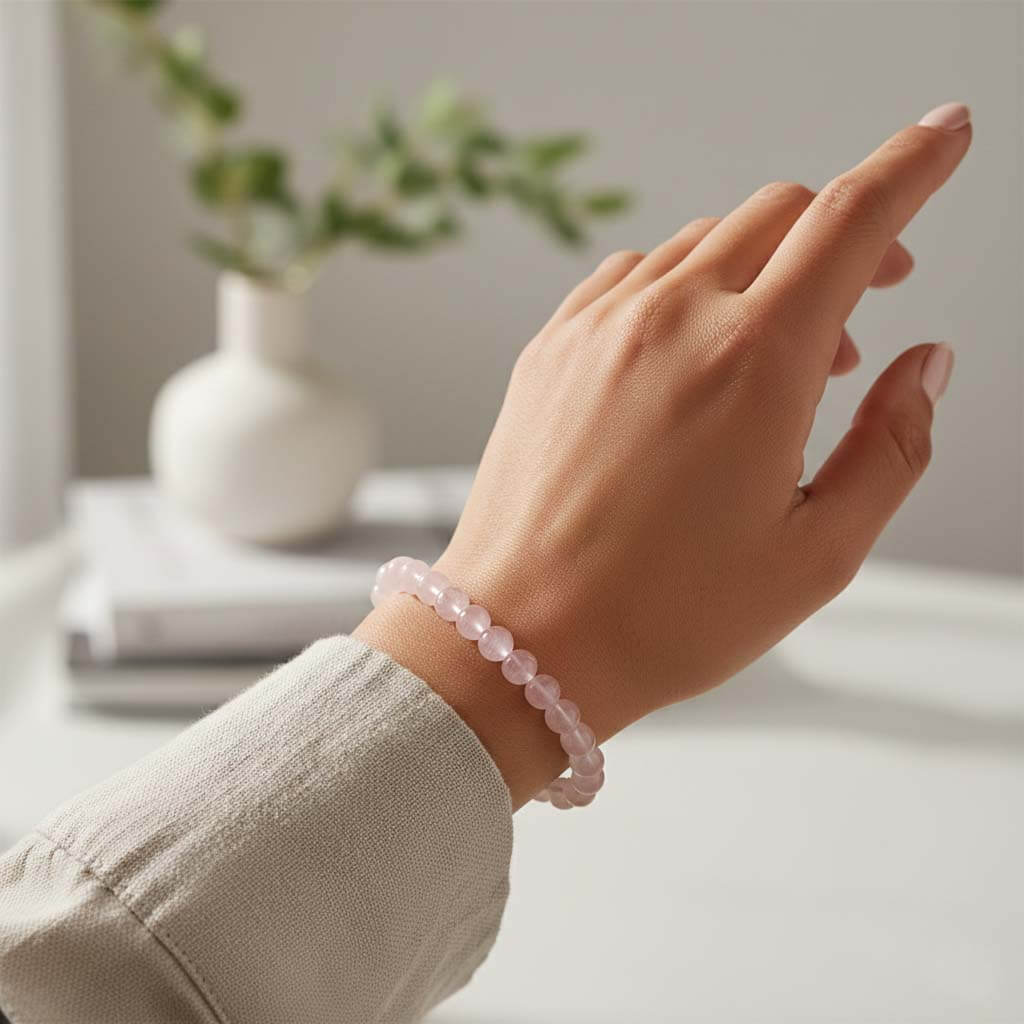 Woman wearing Grapefruit Pink Quartz Bracelet for elegant everyday style - warm peachy crystal jewelry