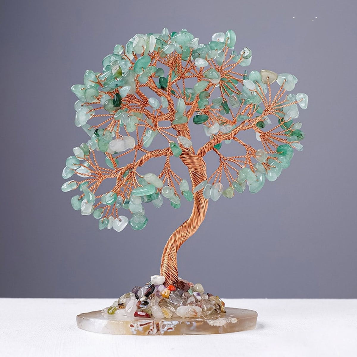 Green aventurine crystal tree decor with green gemstone chips