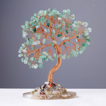 Green aventurine crystal tree decor with green gemstone chips