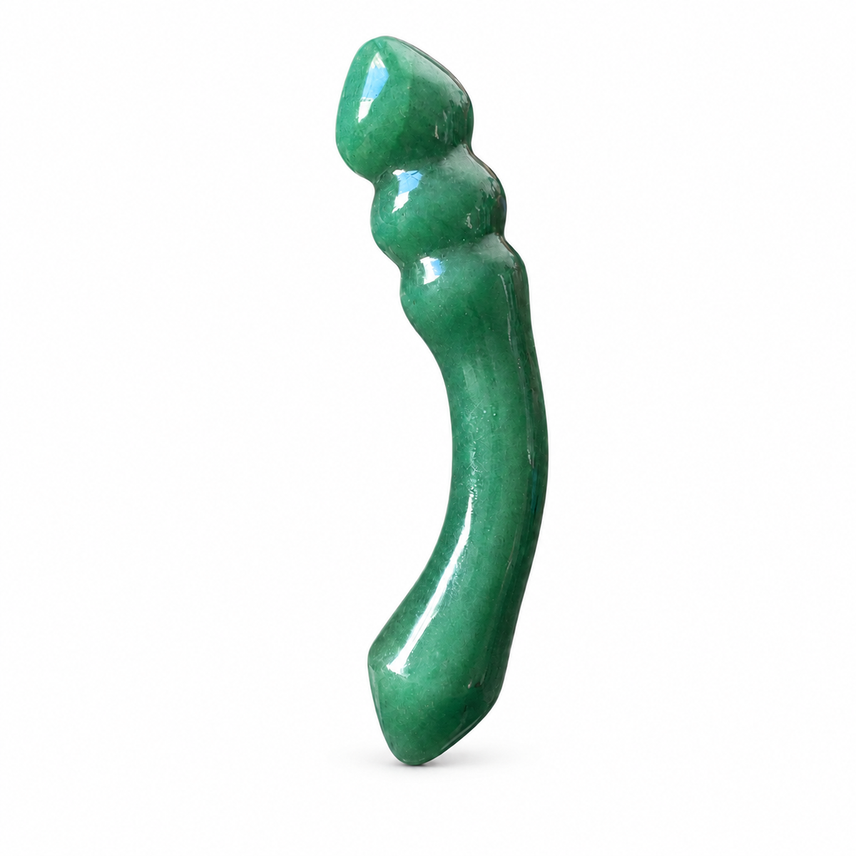 Polished green aventurine crystal massage wand with triple-ring contours