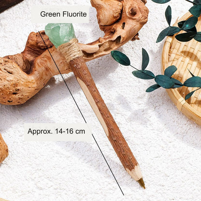 Green Fluorite Raw Crystal Wood Ballpoint Pen with natural wood body and decorative crystal accent