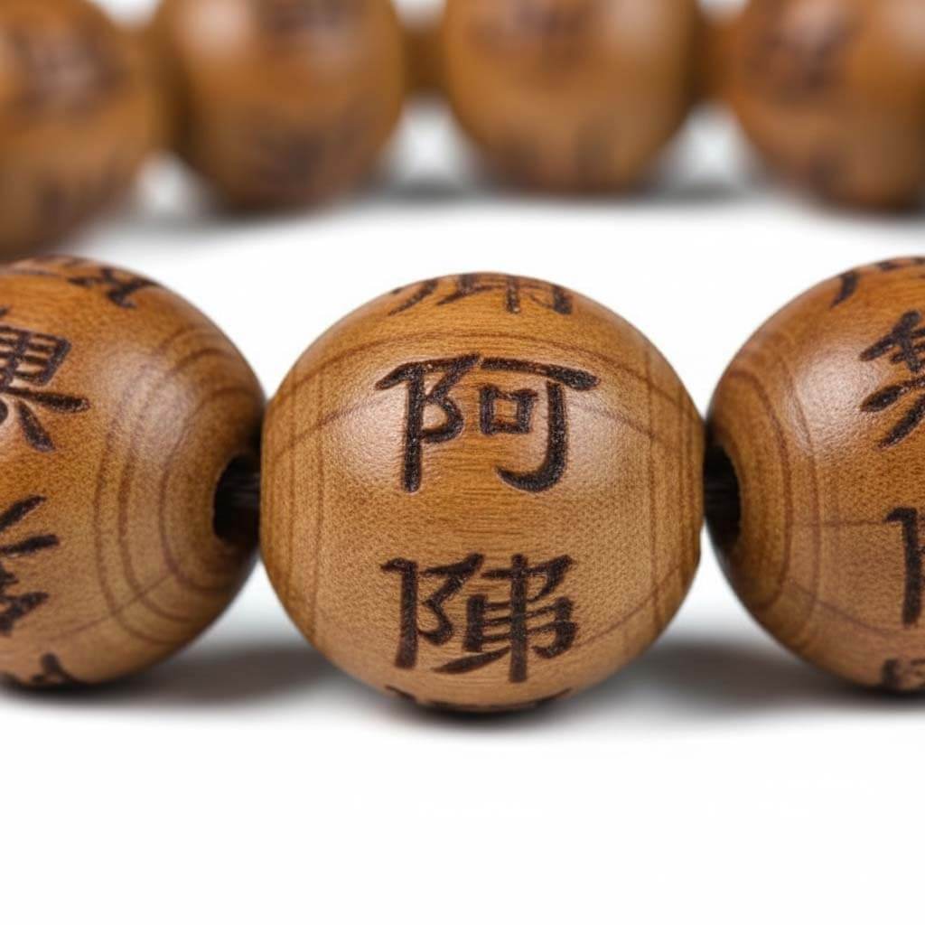 Close-up of hand-carved classical characters on Nandina wood bead showing precision engraving depth and artisan texture