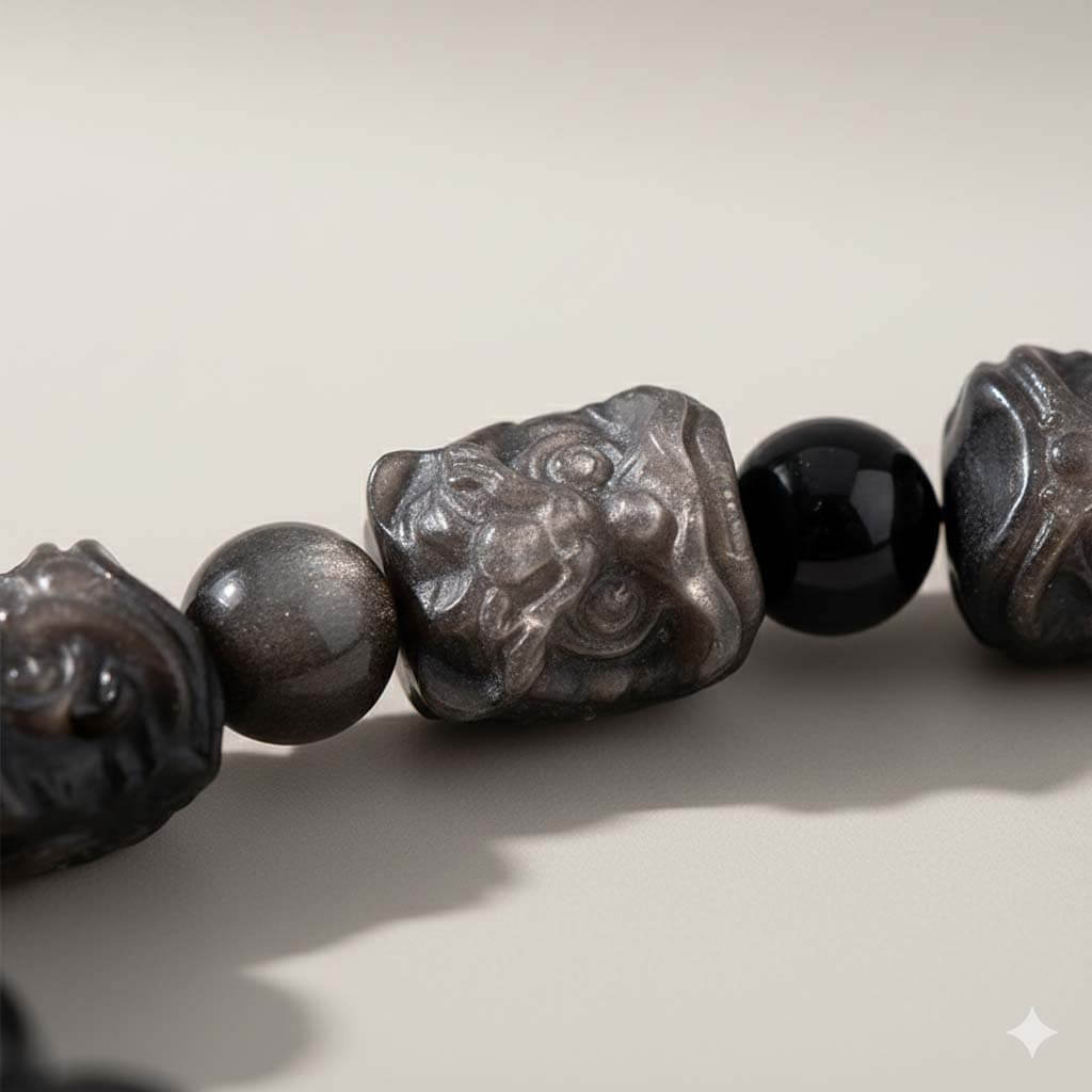 Close-up of hand-carved lion figure detail on Silver Sheen Obsidian bracelet showing smooth polished surface