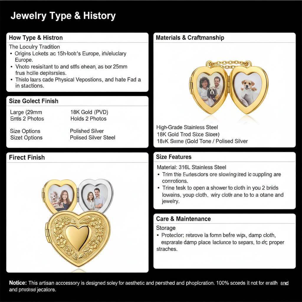 Complete heart photo locket product guide infographic with specifications materials finishes care instructions and jewelry type history