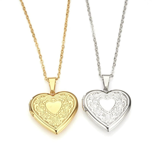 Heart photo locket necklace in gold tone and silver tone finishes featuring engraved floral pattern stainless steel jewelry.