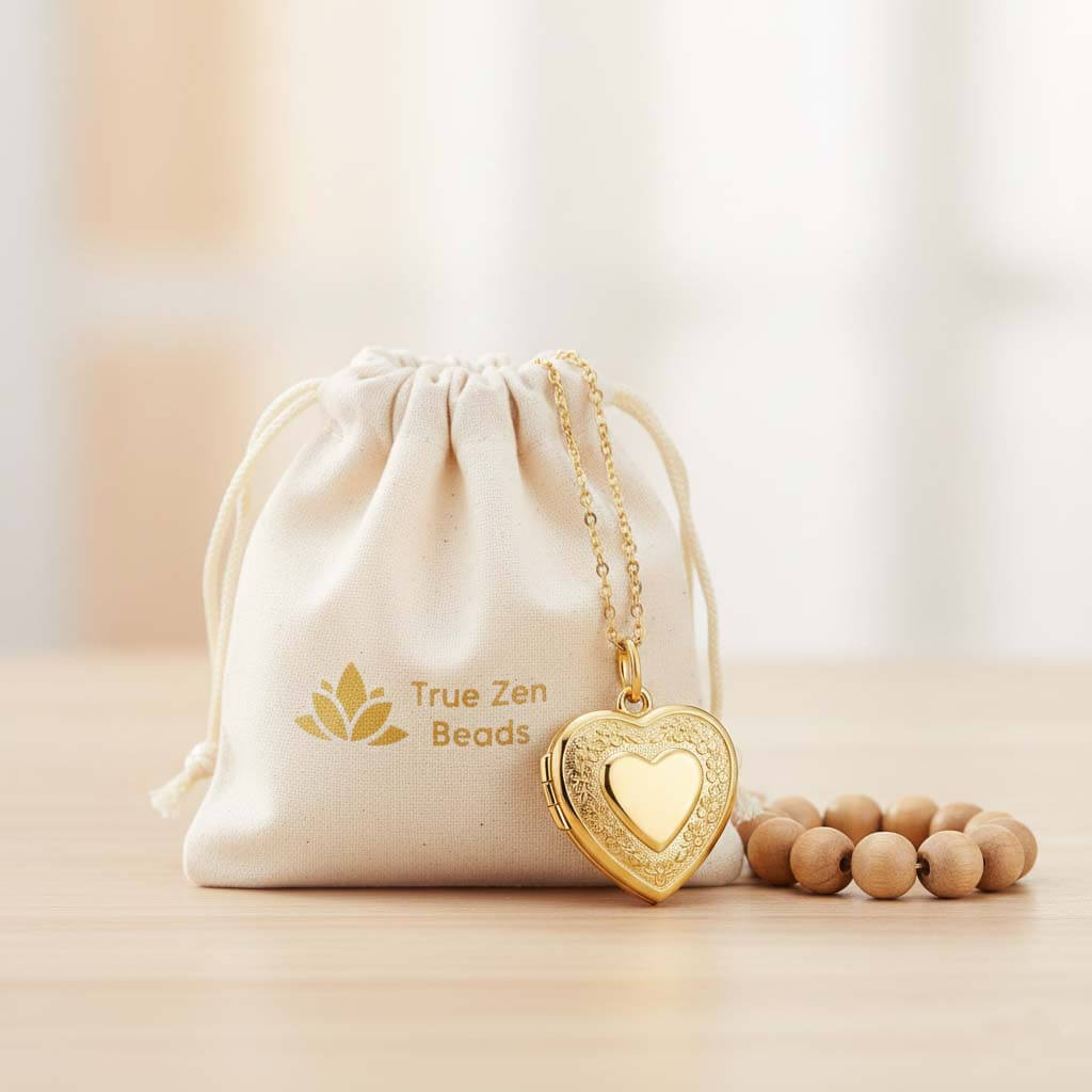 Heart photo locket necklace displayed in TrueZenBeads branded gift bag packaging - engraved stainless steel personalized jewelry ready for gifting