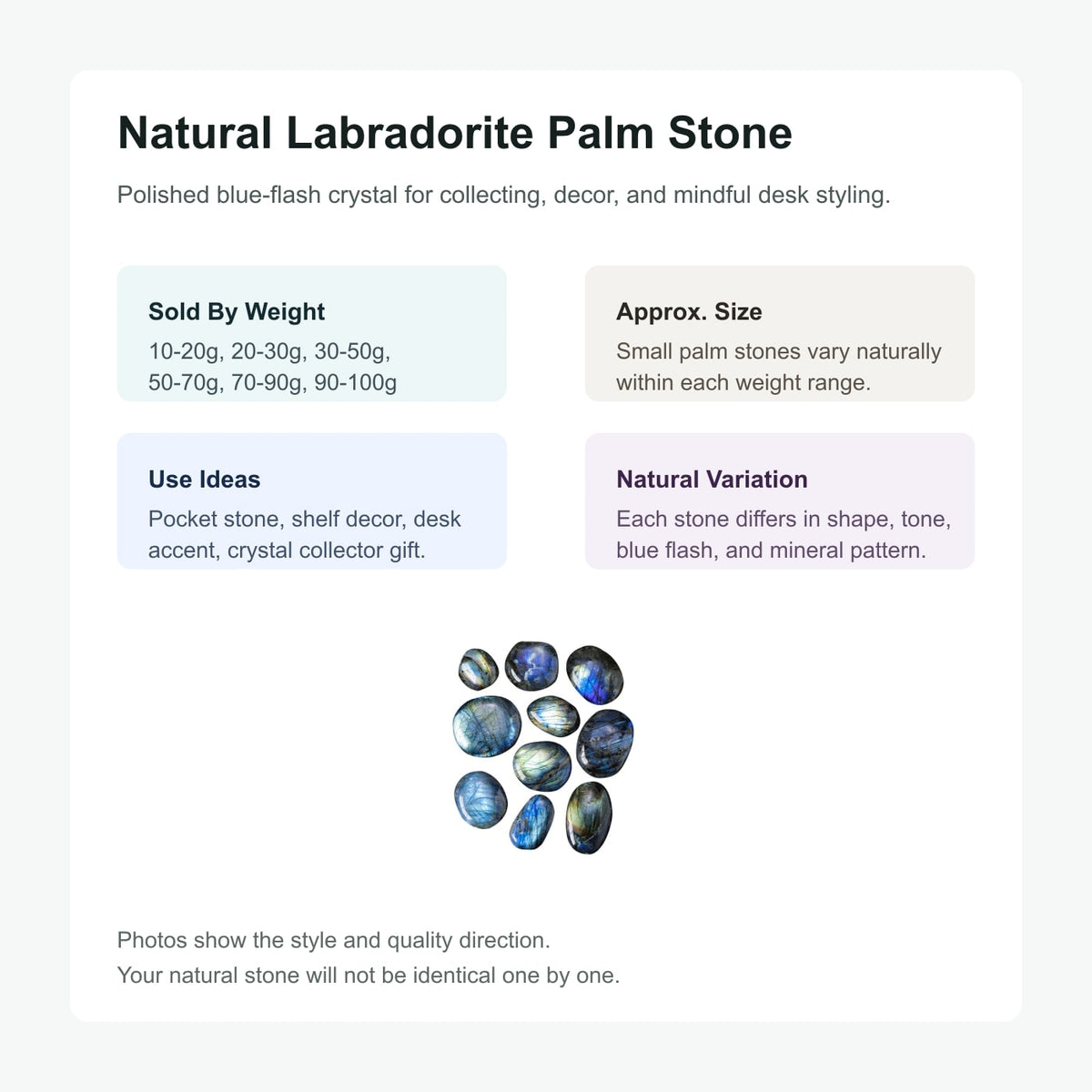 English labradorite palm stone weight and use guide