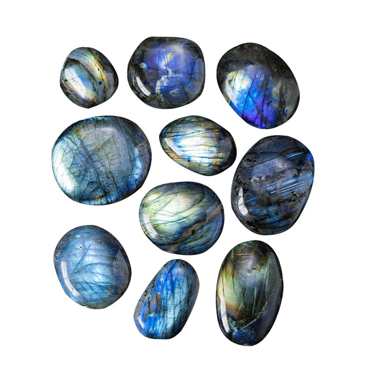 Labradorite palm stones on clean white background