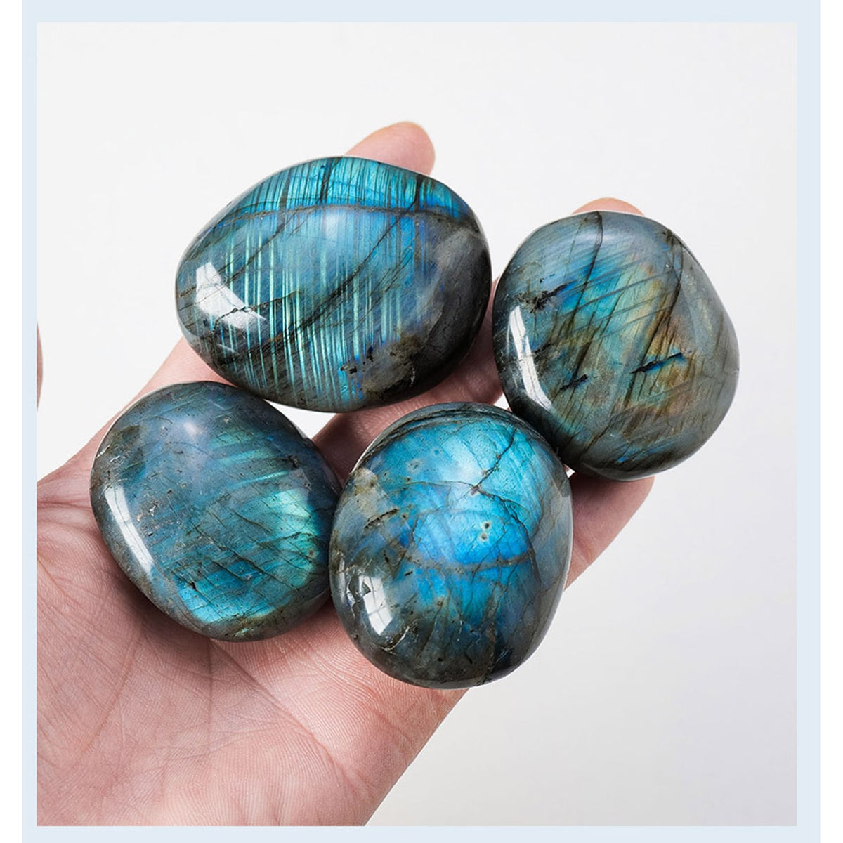 Hand holding polished labradorite palm stones showing size
