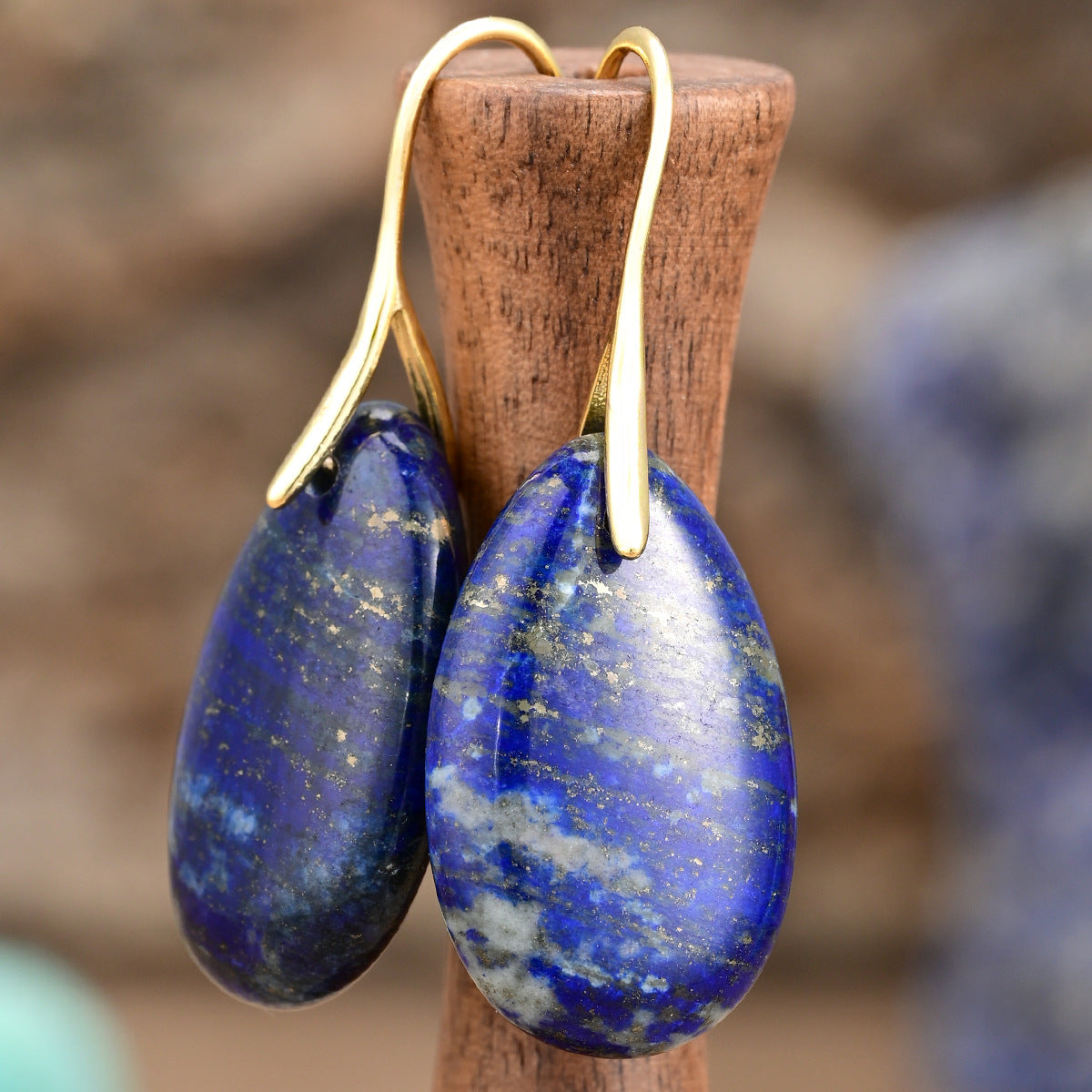 Lapis lazuli boho drop earrings for women with blue stone pendants