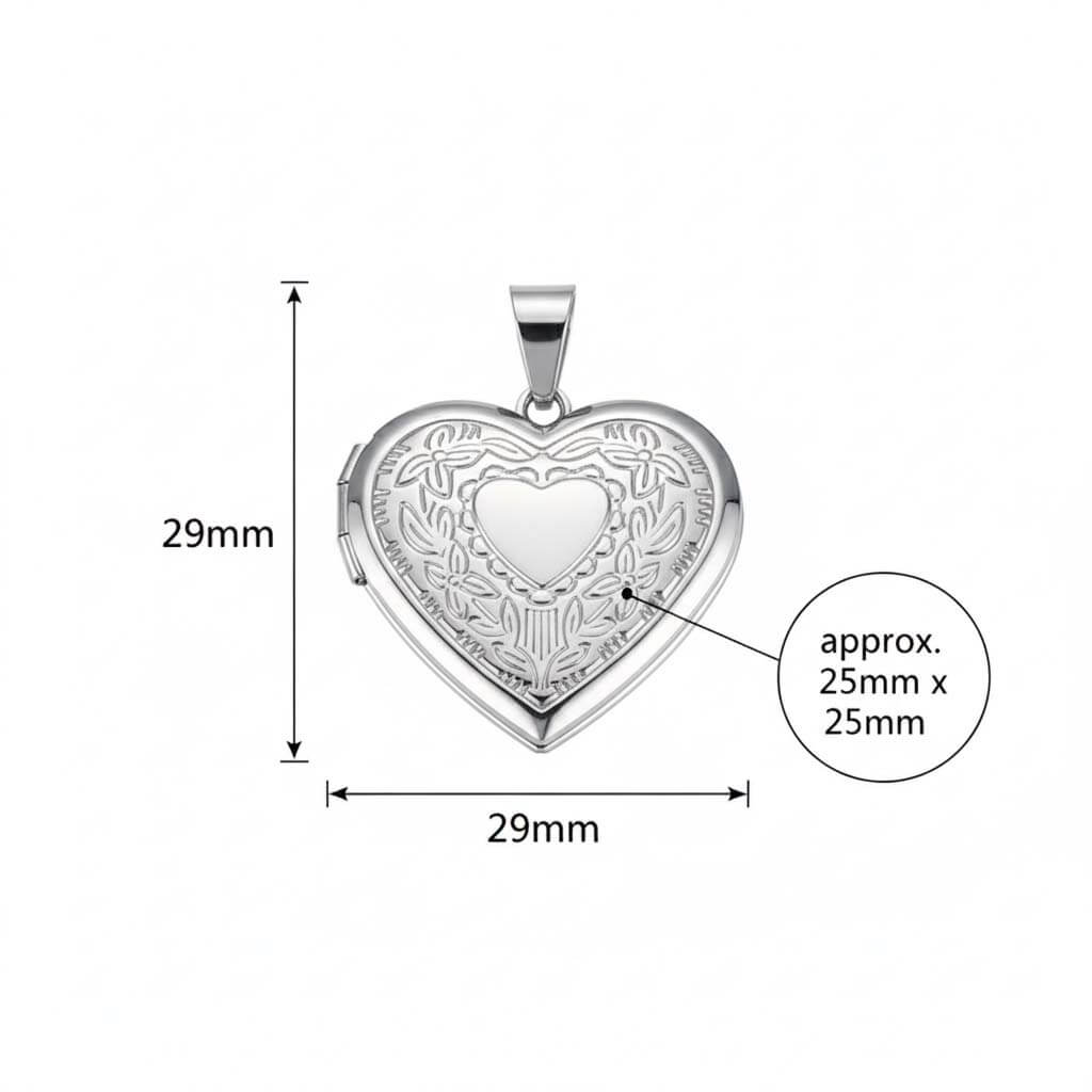 Large heart photo locket showing 29mm exterior dimensions and interior frame space for two 25mm photos with engraved stainless steel design