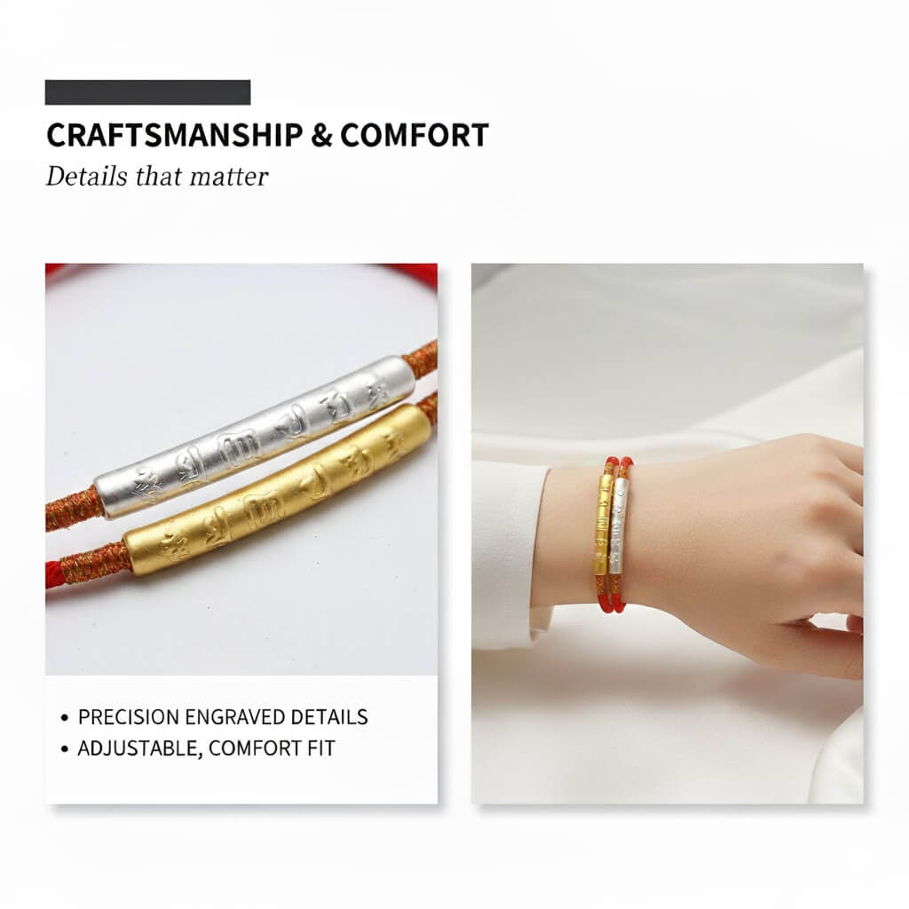 Close-up of metallic mantra cylinder showing hand-engraved Six Syllable script and dragon knot pattern detail