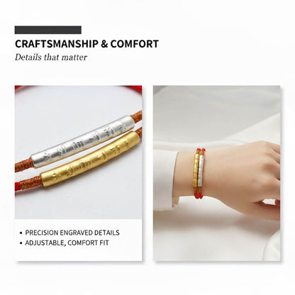 Close-up of metallic mantra cylinder showing hand-engraved Six Syllable script and dragon knot pattern detail