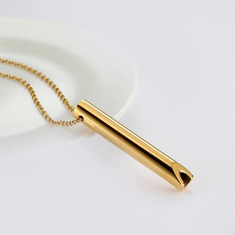 Close-up of polished TrueZenBeads breathing necklace with minimalist design