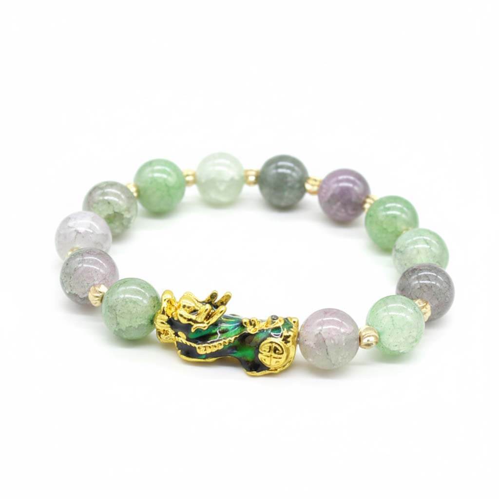 Color-changing Pixiu bracelet with mixed synthetic thermochromic beads in green, purple and white showing temperature-sensitive technology and gold-plated enamel charm