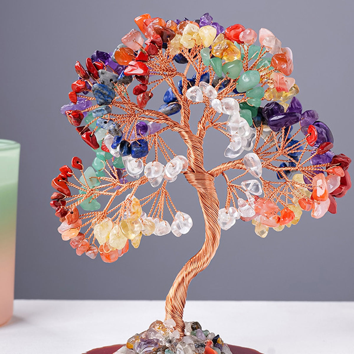 Mixed crystal chip tree close display on tabletop