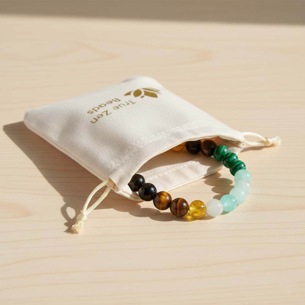 Multi-color natural stone bead bracelet displayed in TrueZenBeads branded gift bag packaging showing polished gemstones - seven-color artisan jewelry ready for gifting