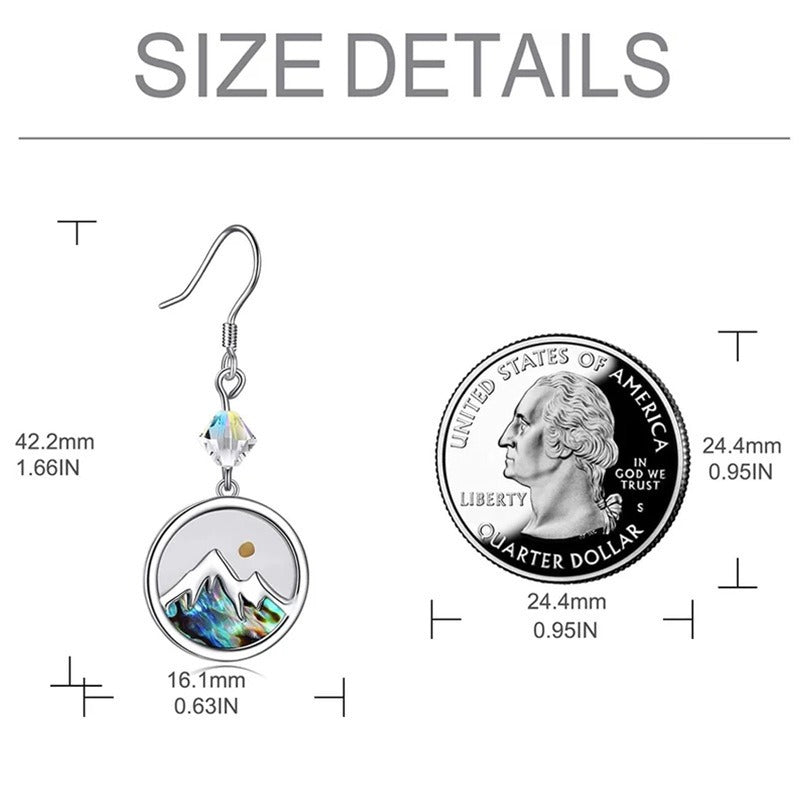 Mustard seed mountain earrings size chart showing 42.2 mm drop and 16.1 mm pendant