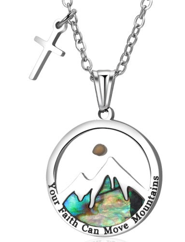 Mustard seed mountain necklace 02 with stainless steel pendant and cross charm on a white background