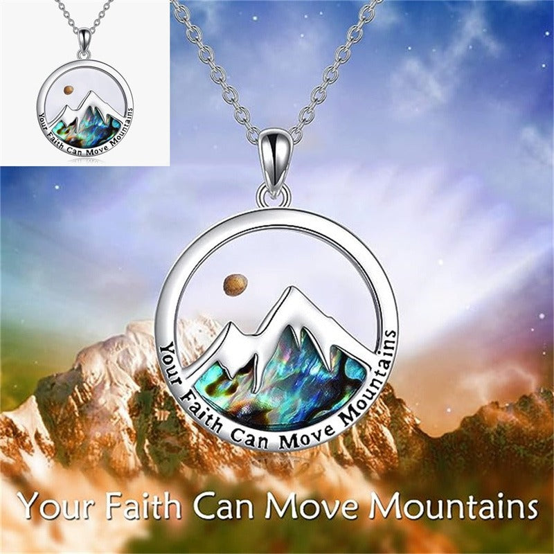 Mustard seed mountain necklace inspirational graphic with Your Faith Can Move Mountains message