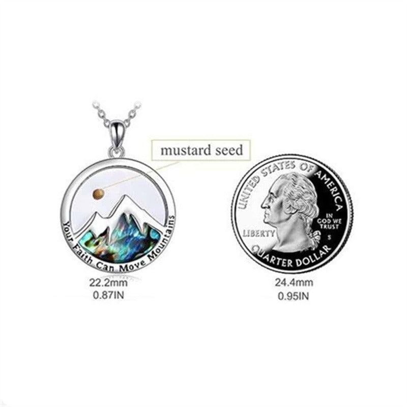 Mustard seed mountain necklace size chart showing 22.2 mm pendant and quarter comparison