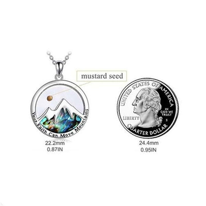 Mustard seed mountain necklace size chart showing 22.2 mm pendant and quarter comparison