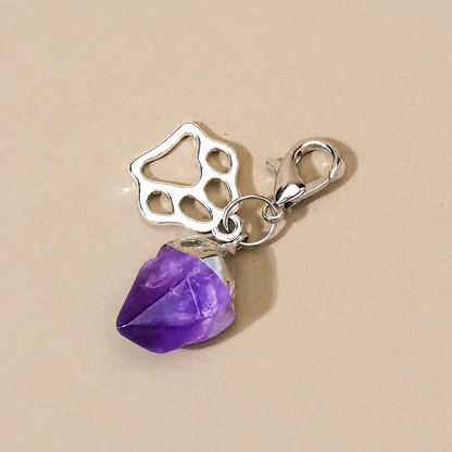Natural amethyst crystal point pet charm with silver paw detail