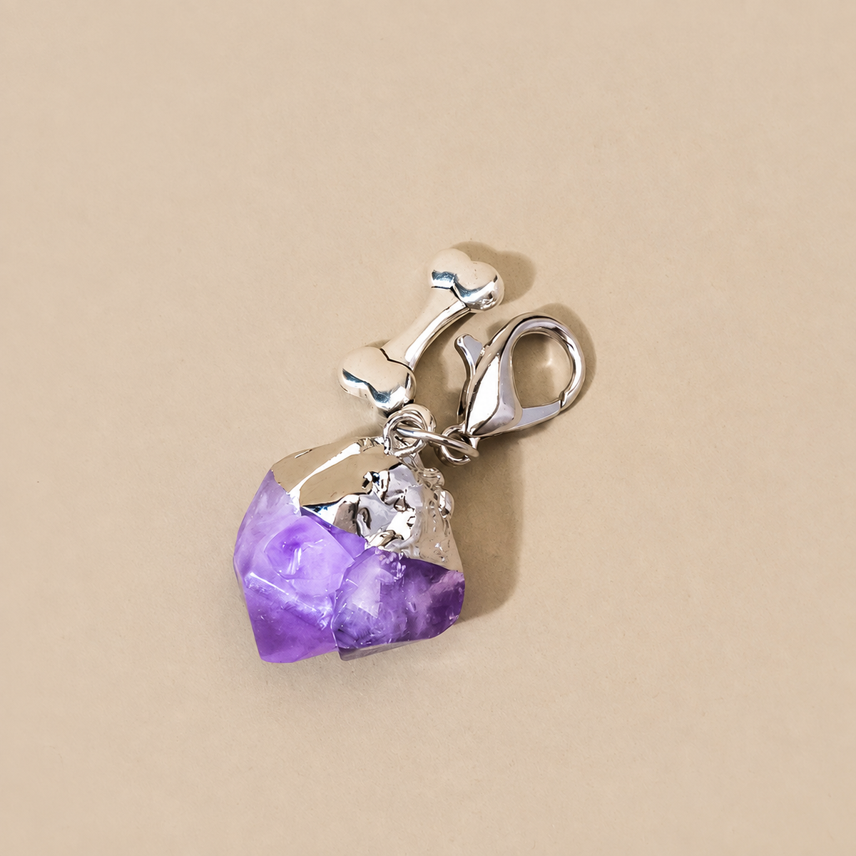 Natural amethyst pet collar pendant with silver bone charm