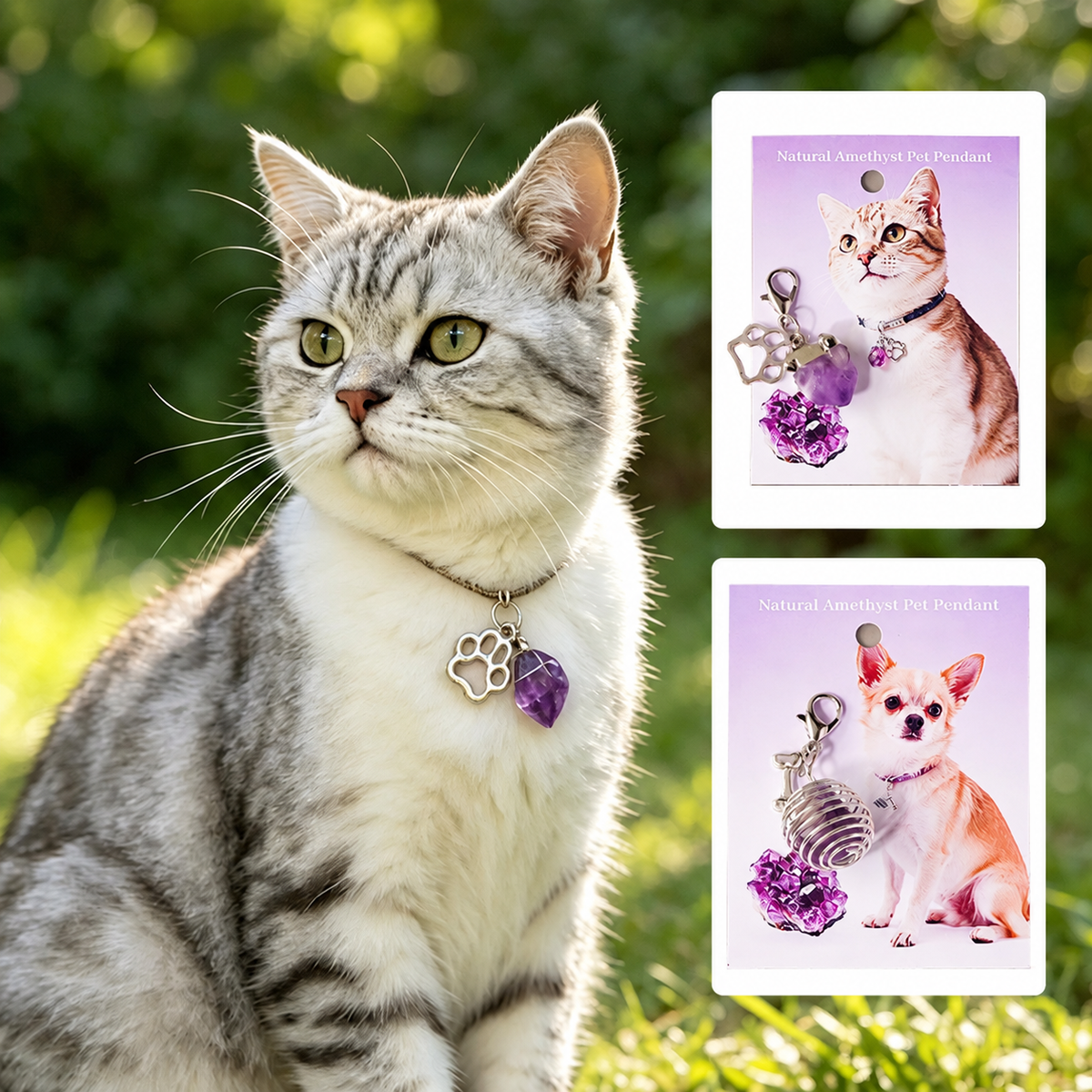 Amethyst crystal pet collar pendant shown on a cat and small dog