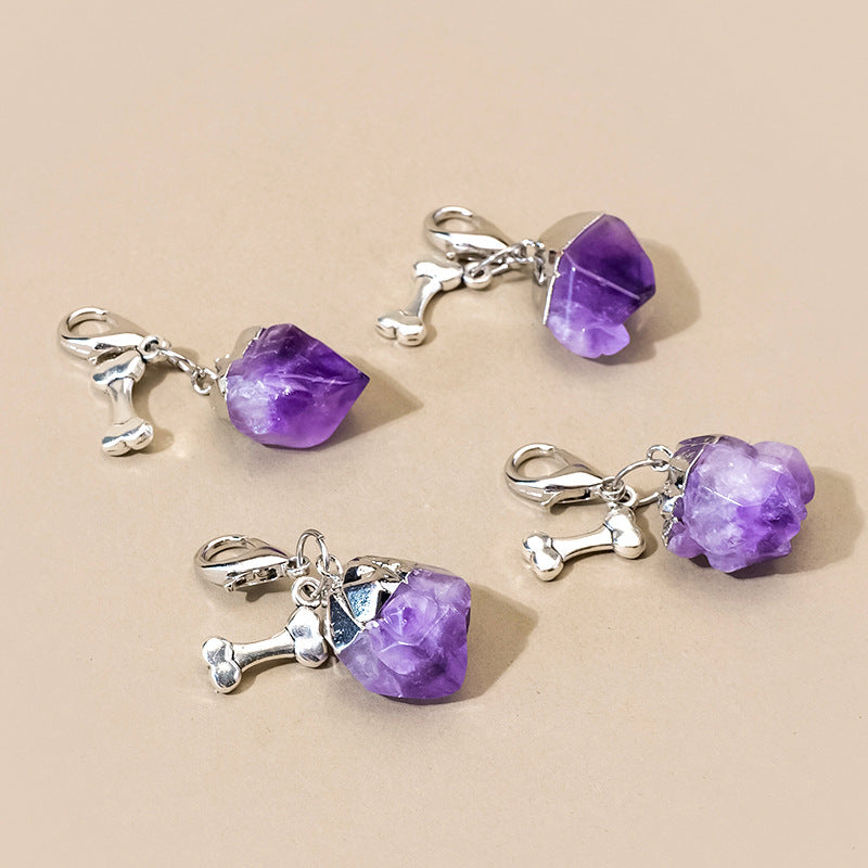 Natural amethyst pet collar charms in bone and crystal styles