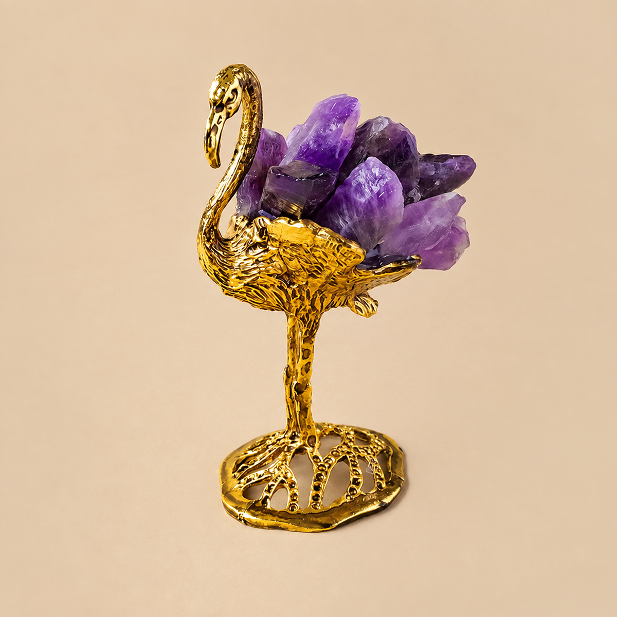Natural amethyst crystal swan figurine in purple crystal decor
