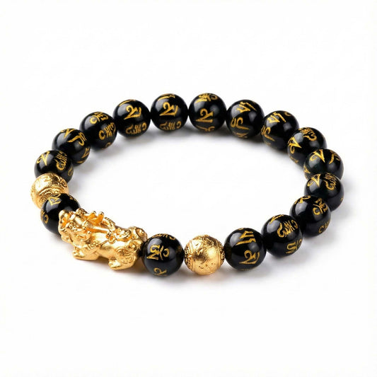 Natural Black Obsidian Pixiu Bracelet with Six Syllable Mantra engraved and gold charm