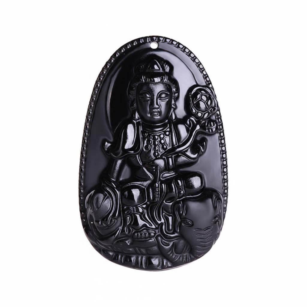 Natural Black Obsidian Pendant with hand-carved Samantabhadra Buddhist figure