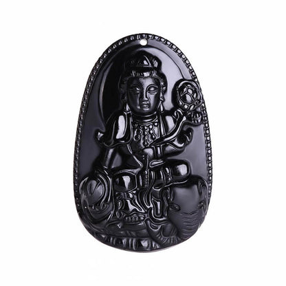 Natural Black Obsidian Pendant with hand-carved Samantabhadra Buddhist figure