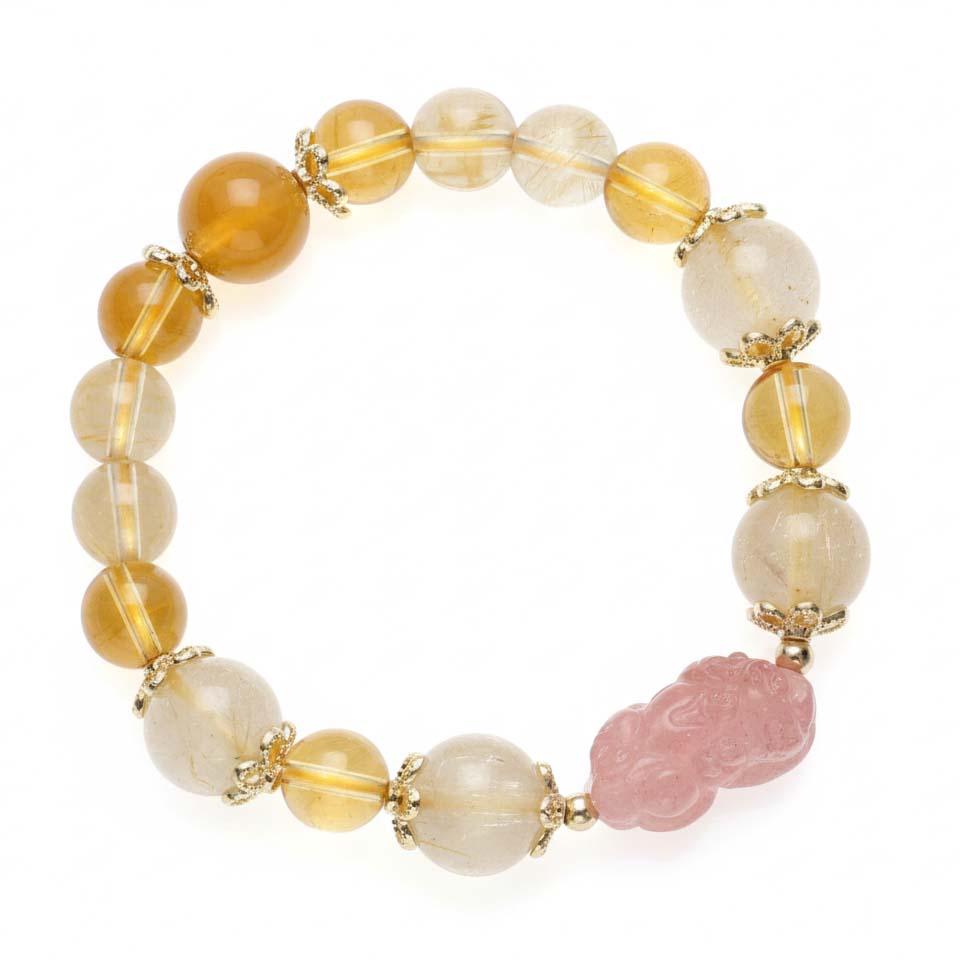 Natural Citrine Bracelet with hand-carved Pixiu charm showing golden crystal beads