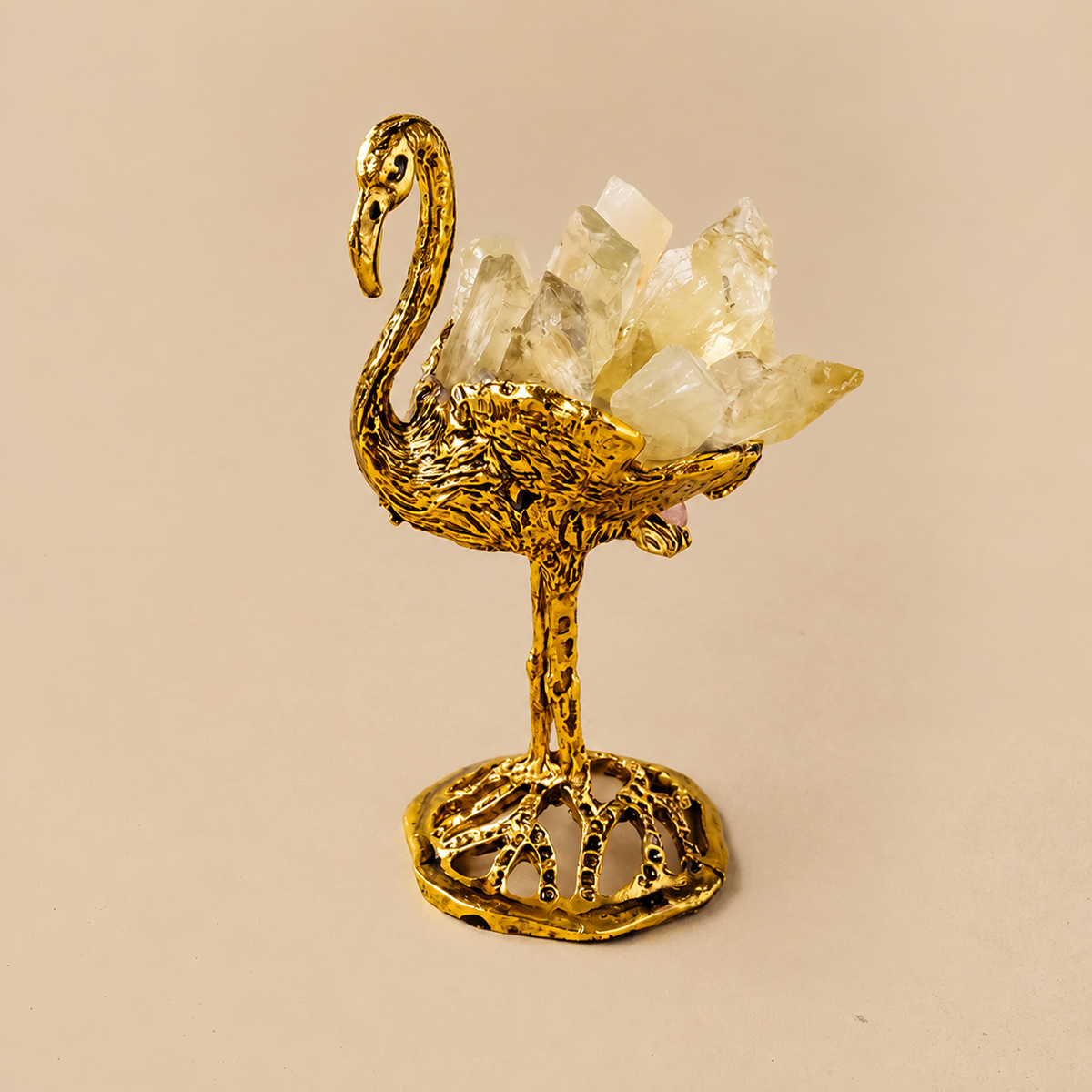 Natural citrine crystal swan figurine with gold-tone finish