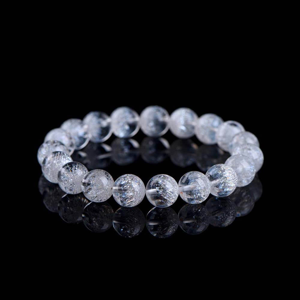 Natural Clear Quartz Bracelet with crackled crystal beads showing firework patterns