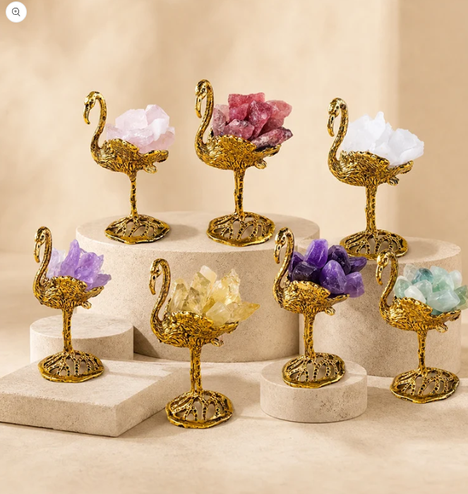Natural crystal swan decor collection in multiple gemstone colors for home display
