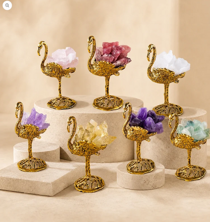 Natural crystal swan decor collection in multiple gemstone colors for home display