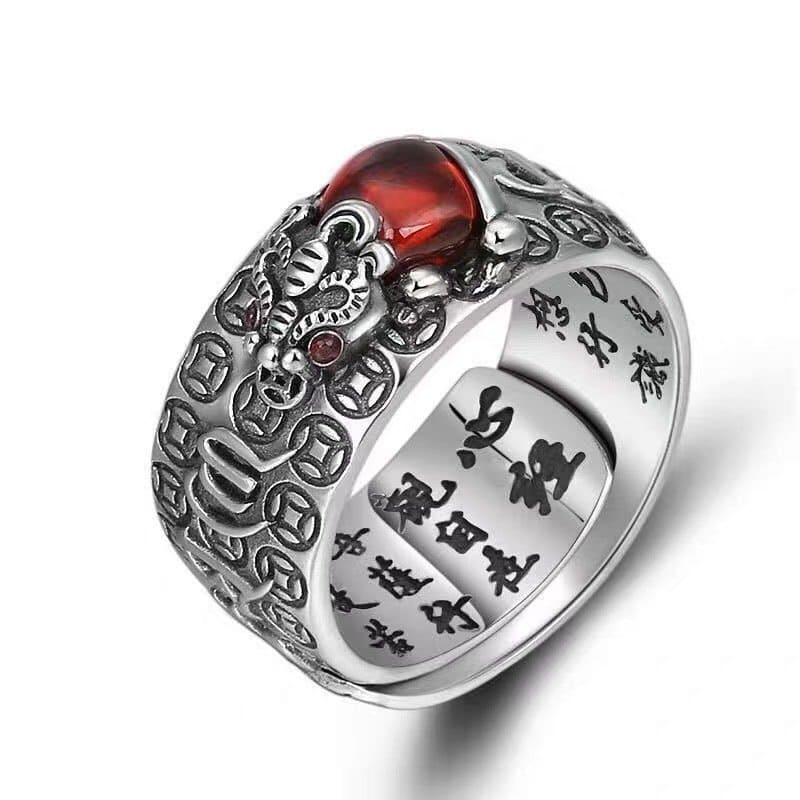 Natural red garnet ring with hand-carved Pixiu design and cabochon gemstone
