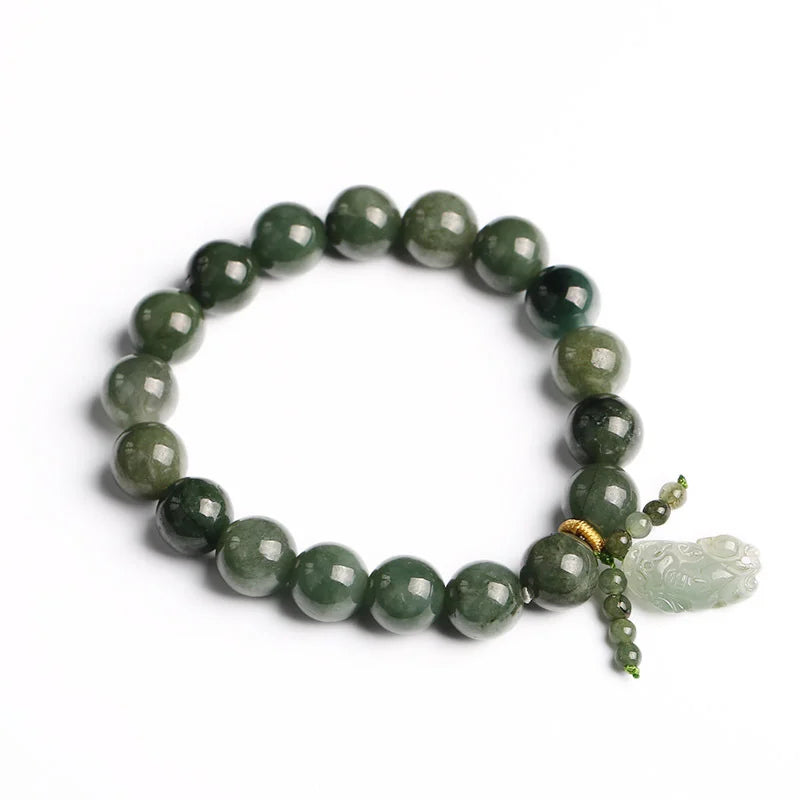 Natural green jade bracelet with hand-carved white jade Pixiu charm and gold accent bead