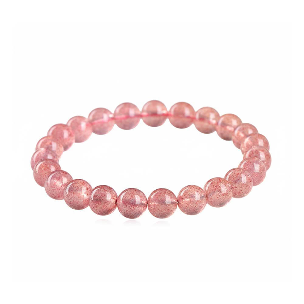 Natural Strawberry Quartz Bracelet with pink crystal beads showing spotted seed patterns