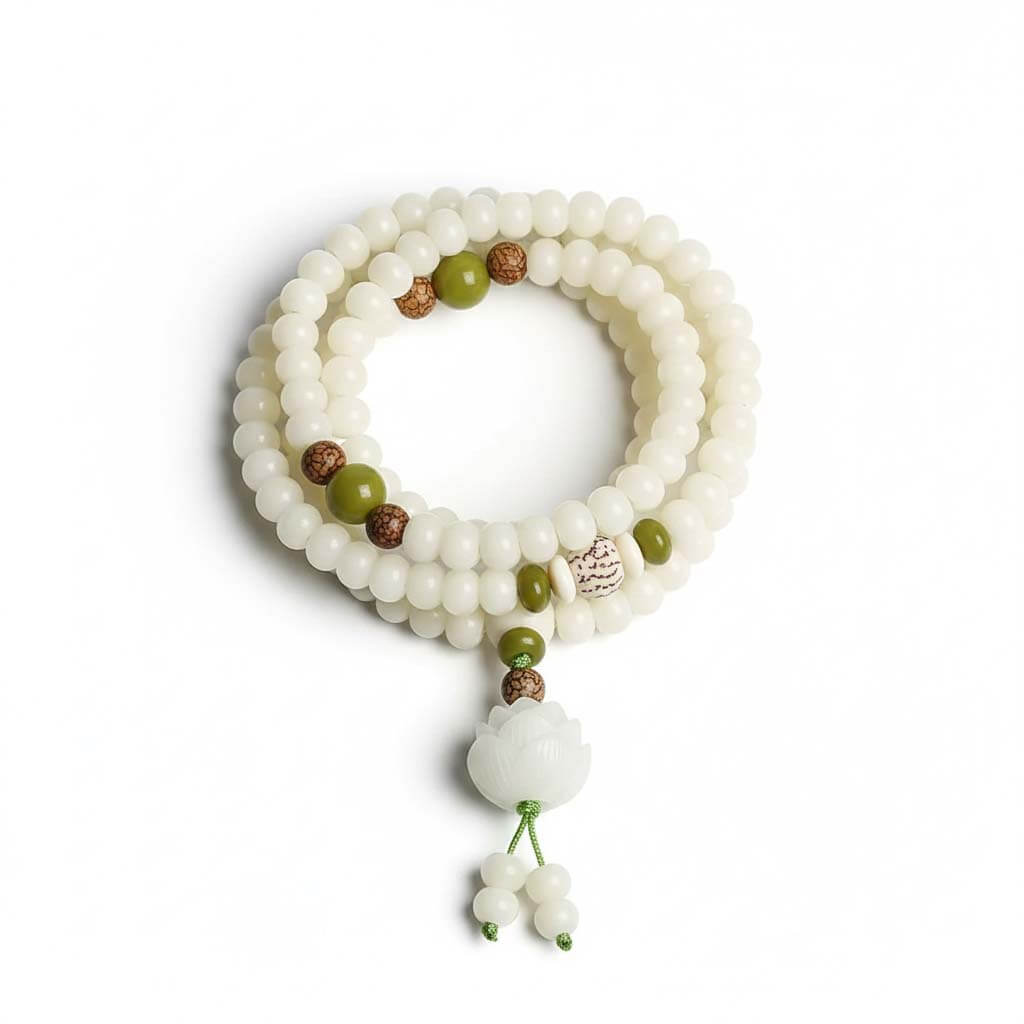 Natural White Bodhi Root Mala with 108 beads and carved lotus pendant for meditation practice