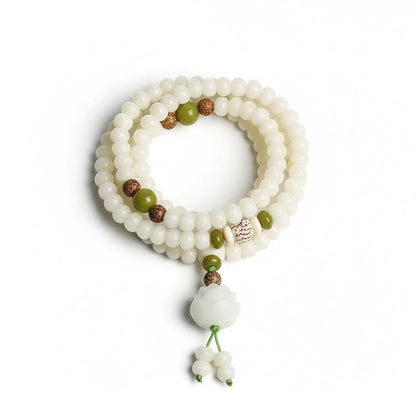 Natural White Bodhi Root Mala with 108 beads and carved lotus pendant for meditation practice