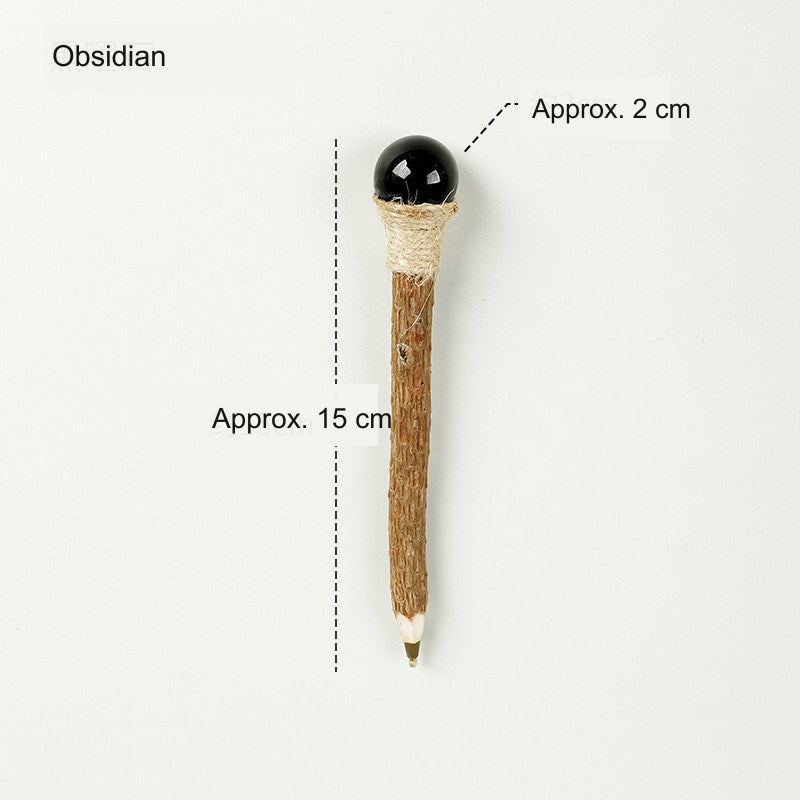 Obsidian Crystal Ball Wood Ballpoint Pen with natural wood body and decorative crystal accent